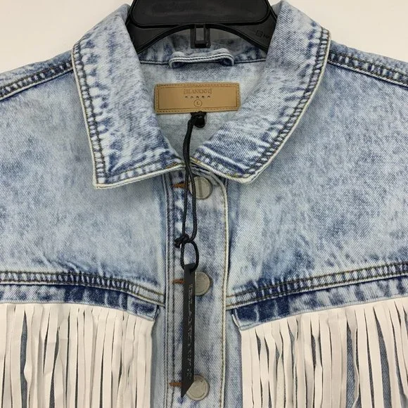 BlankNYC Jacket Nice Try Blue Denim White Fringe Button - Picture 6 of 14